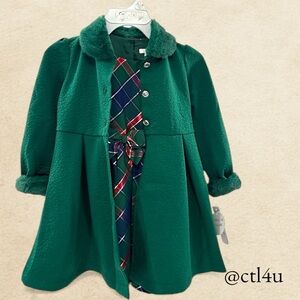 NWT Girls 4 Green Plaid Holiday Dress & Coat Set Classic Christmas Ribbon Look